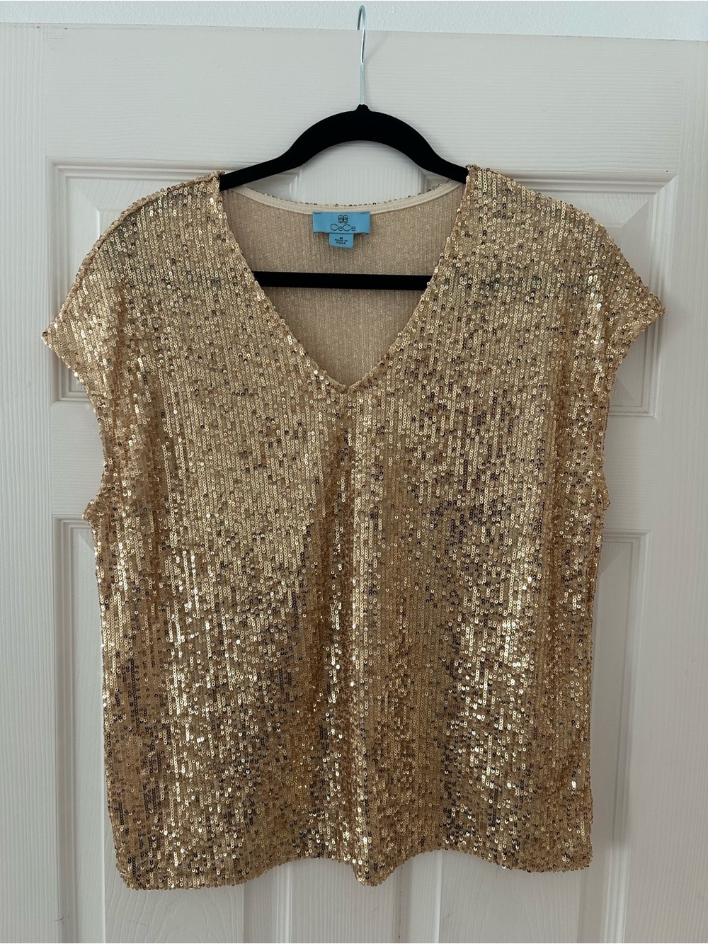 CeCe Gold Sequin V-Neck Cap Sleeve Top